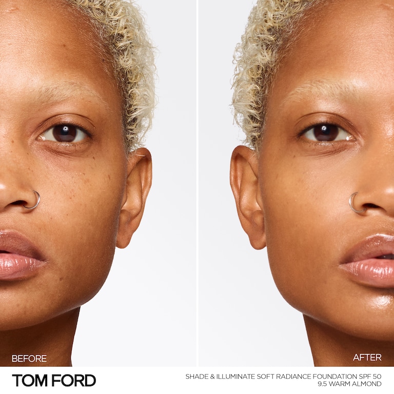 Shade and Illuminate Soft Radiance Foundation SPF 50, Warm Almond, 9.5, 30ml, Model, Deep Skin Tone