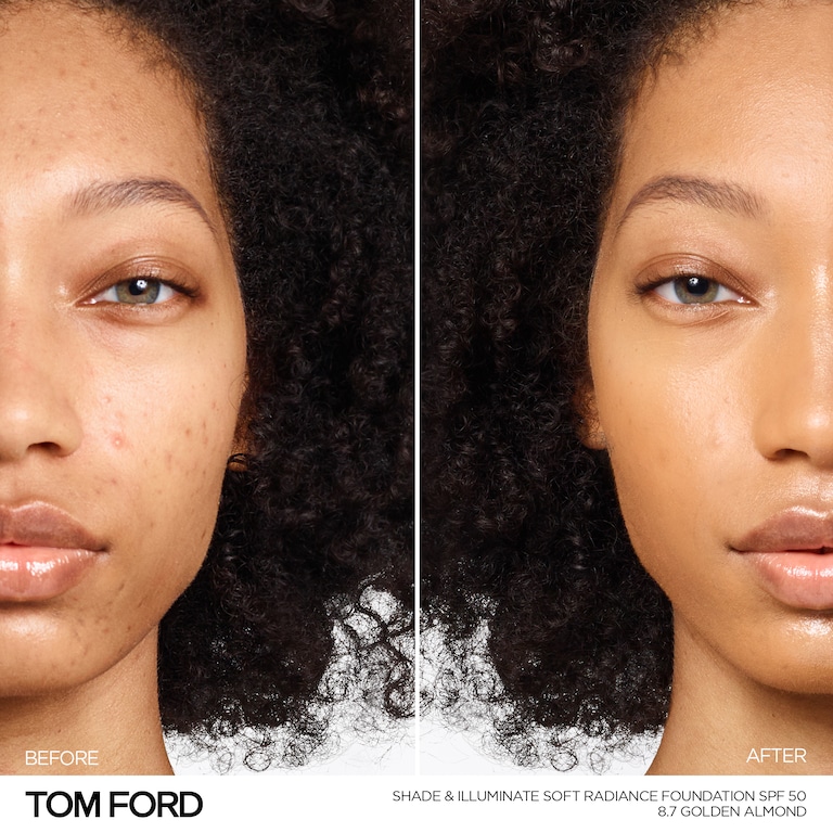 Shade and Illuminate Soft Radiance Foundation SPF 50, Golden Almond, 8.7, 30ml, Model, Deep Skin Tone