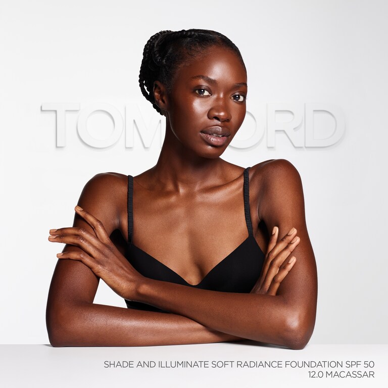 Shade and Illuminate Soft Radiance Foundation SPF 50, Macassar, 12.0, 30ml, Model, Deep Skin Tone