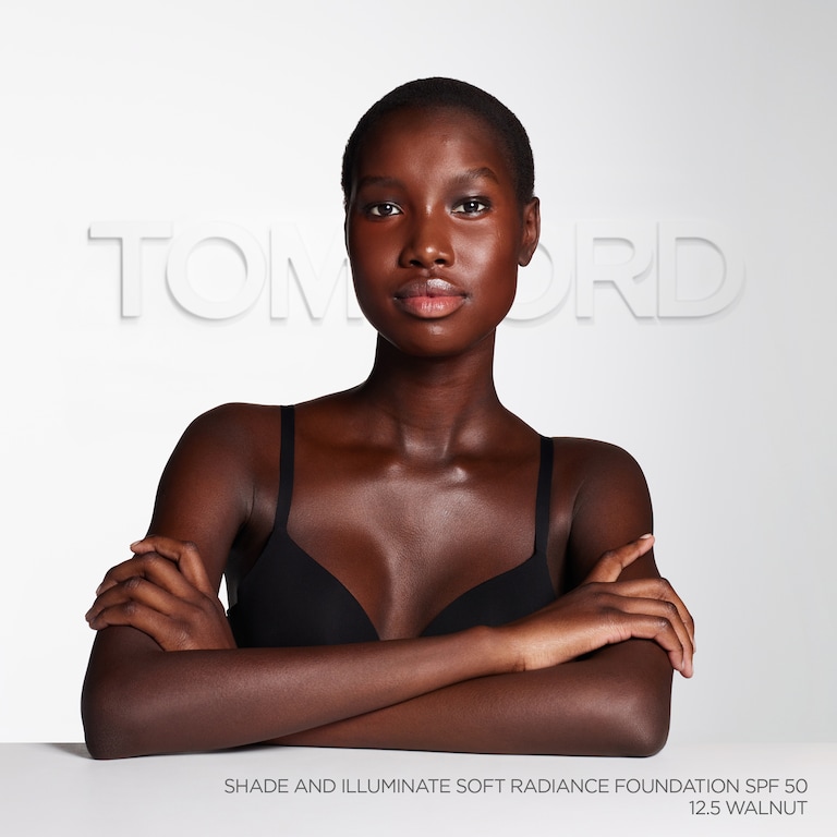 Shade and Illuminate Soft Radiance Foundation SPF 50, Walnut, 12.5, 30ml, Model, Deep Skin Tone